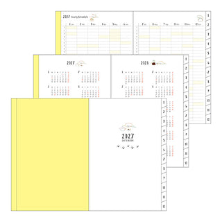 Midori 2027 yearly schedule calendar spread with yellow tabs and month grids