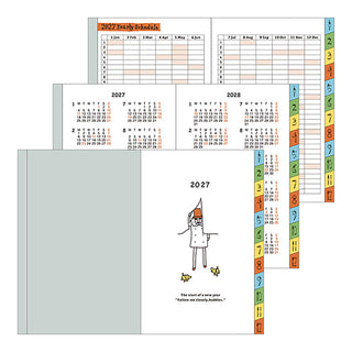 Midori 2027 B7 monthly planner pages showing yearly calendar layouts and character figure