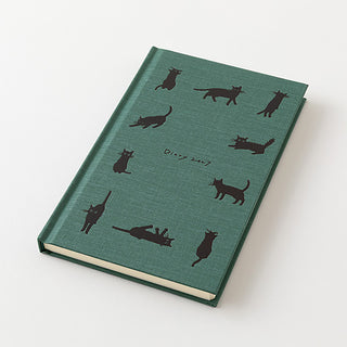 Green cat-themed diary planner, closed book with cat silhouettes on cover