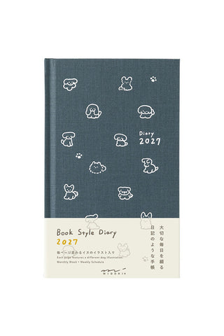 Navy dog-themed diary planner with white icons and 'Diary 2027' text