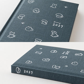 Navy diary planner cover and spine with 'Diary 2027' and paw dog icons