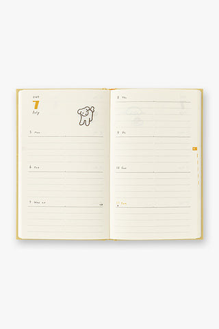 Open weekly planner pages with dog icon in the top-left and lined writing rows
