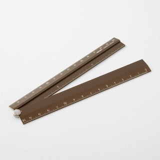 Brown aluminum multi ruler with metal pivot knob and measurement scales