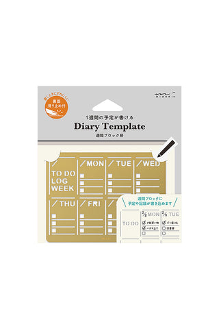 Weekly diary template block with brass-gold printed date grid and days of the week layout