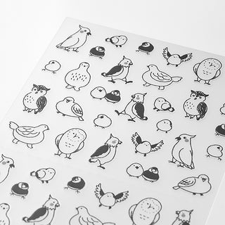 Planner sticker sheet with black outline birds, chicks, and small animals