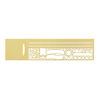Gold clip ruler with white decorative border, straight measurement scale, and circular details