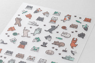 Colorful cartoon cat sticker sheet with assorted cats, tails, and paw prints