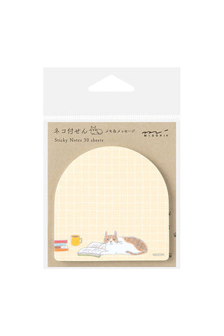 Midori die-cut sticky notes book with cat illustration, beige grid, 30-sheet pad