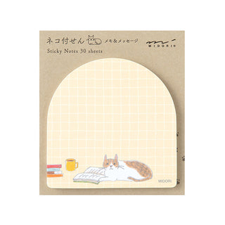 Midori die-cut sticky notes sheet, beige grid with sleeping cat and desk items