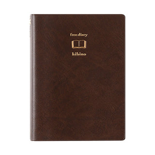 Two-page-a-day free diary, brown hardcover with embossed “hibino” logo in center.