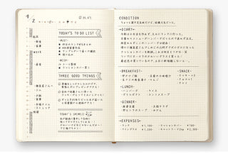 Open diary pages with printed schedule lists and section notes