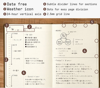 Two-page-a-day free diary page close-up with numbered layout guide and icons.