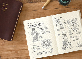 Two-page-a-day free diary open to printed pages with sketches and notes on both sides.
