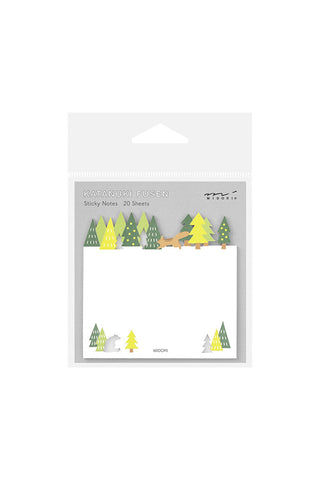Midori Katanuki sticky notes in forest tree design on a packaged pad