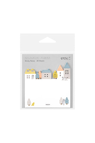 Town-themed sticky notes pad with colorful buildings and trees illustrations