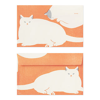 Two cat envelopes stacked with orange-and-white cat illustration and stamp area