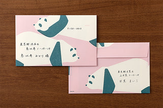 Panda letter cards and envelopes on tabletop, teal-and-pink illustrations with text