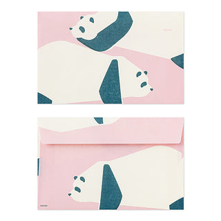 Panda-themed envelopes with teal panda pattern on pink and cream backgrounds