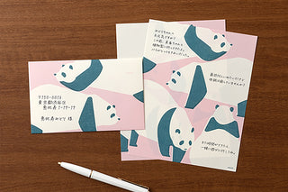 Set of panda letter stationery cards and envelopes with teal-and-pink panda illustrations