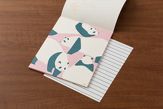 Panda letter paper and lined sheet set, teal-and-pink panda pattern on top