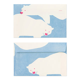 Set of polar bear envelopes showing front and back with blue pattern