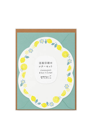 Midori letterpress die-cut letter set: lemon wreath card with matching teal envelope