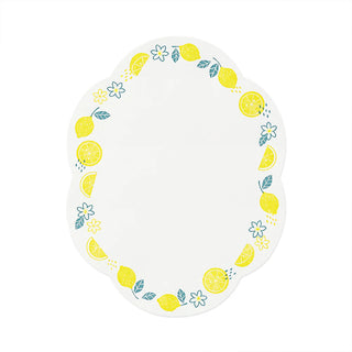 Round die-cut letter card with lemon and flower wreath border, white center