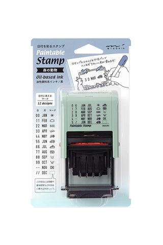 Midori paintable date rotary stamp packaging with forest animals design and ink pad