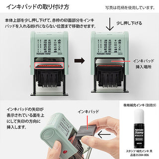Mint rotary date stamp with hand inserting the ink pad shown by arrows and callouts