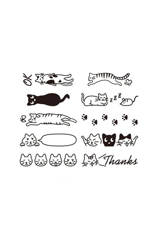 Sheet of cat stamp impressions with various poses, paw prints, and thank-you text