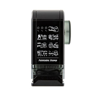 Front view of black paintable rotary stamp dial with Today, Todo, Wish, Plan icons
