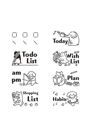 Rotary stamp dial design sheet with black animal list icons and checkboxes