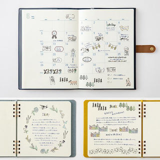 Stamped diary pages with animal list icons and small checklist text designs