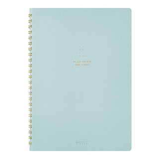 A5 spiral notebook, light blue cover with gold coil rings and dot logo