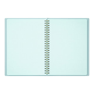 A5 spiral notebook, light aqua cover with gold spiral binding on open pages