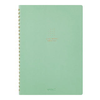A5 spiral notebook, mint green cover with gold coil binding and dot logo