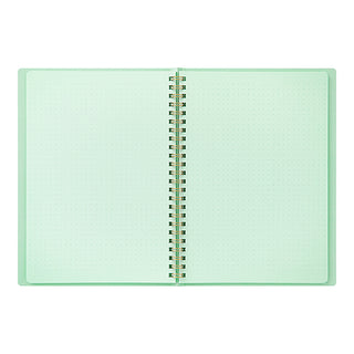 A5 spiral notebook open, mint green with dotted pages and gold coil spine