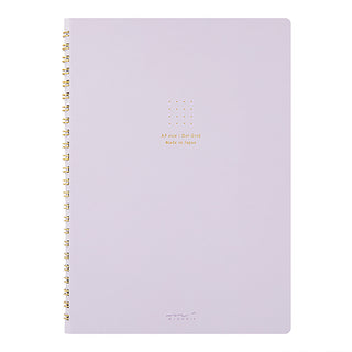 A5 spiral notebook, lavender purple cover with gold coil rings and small dot logo