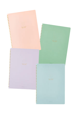 Assorted pastel A5 spiral notebooks, stacked covers in pink, lavender, mint, and light blue