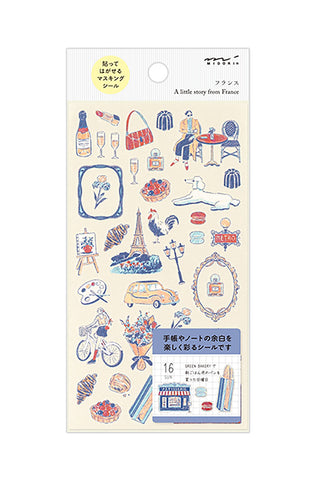 France-themed planner sticker sheet with blue illustrated icons, bottles, Eiffel Tower, and pastries