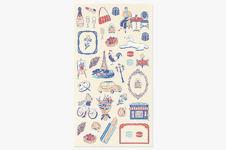 Full France-themed sticker sheet for planners with blue illustrations like Eiffel Tower and cafe items