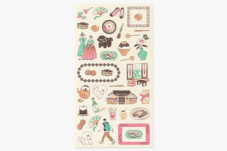 Planner sticker set sheet with vintage Korea-themed icons, food, people, and borders