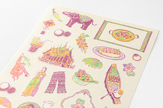Close-up of colorful Thai-themed sticker designs, including animals, food, and temples