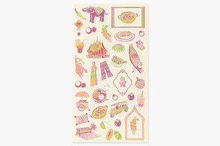 Planner sticker sheet featuring colorful Thai icons, stamps, and sweets