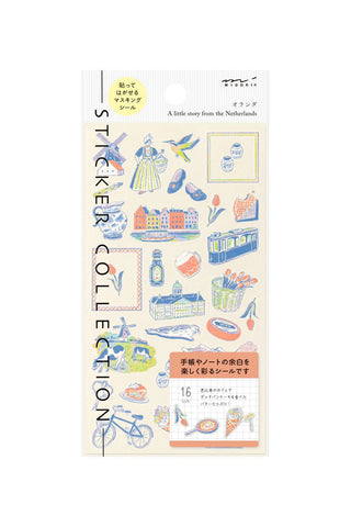 Set of planner stickers with Dutch street, canal, and bicycle illustrations on a sheet