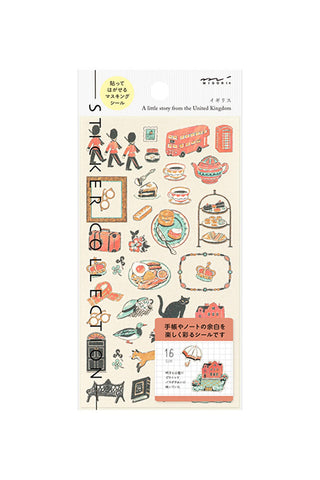 Planner sticker sheet with travel-themed icons: people, bus, food, frames, and animals