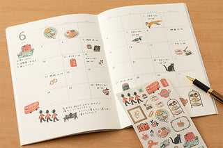 Planner pages with applied stickers and a sticker sheet on a tabletop