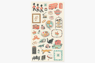 Planner sticker sheet with travel icons, objects, and illustrations in multiple colors