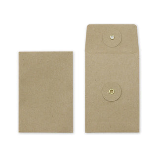 Brown kraft envelope pair shown stacked, featuring round button closure details on flap.