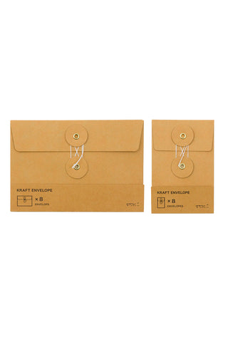 Orange-brown kraft envelope fronts with flap and string closure; package shows x8